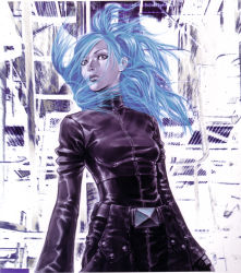 Rule 34 | 1girl, artbook, belt, blue hair, blue skin, chaps, colored skin, cropped jacket, full-length zipper, highres, kula diamond, lips, long hair, official art, realistic, scan, snk, solo, the king of fighters, wind, zipper