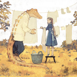 Rule 34 | 1girl, animal, apron, barefoot, basket, blue dress, blue pants, brown eyes, brown hair, bush, child, claws, clothed animal, clothesline, collared shirt, crocodile, crocodilian, dress, grass, highres, holding, laundry, laundry basket, long hair, long sleeves, looking at another, on stool, original, outdoors, pants, sharp teeth, shirt, slit pupils, stool, tail, teeth, tono (rt0no), white shirt