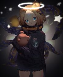 Rule 34 | 1girl, :o, abigail williams (fate), abigail williams (traveling outfit) (fate), arm at side, belt, black background, black bow, black jacket, blonde hair, blue eyes, bow, commentary request, cowboy shot, crossed bandaids, fate/grand order, fate (series), forehead, gradient background, grey background, hair bow, hair bun, halo, head tilt, heroic spirit traveling outfit, high collar, highres, jacket, long sleeves, looking at viewer, medium hair, motion blur, nayuta (una), official alternate costume, orange belt, orange bow, parted bangs, pocket, sidelocks, single hair bun, sleeves past fingers, sleeves past wrists, solo, standing, star (symbol), stuffed animal, stuffed toy, teddy bear, tentacles