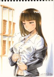 Rule 34 | 1girl, puff of air, artist name, black jacket, blunt bangs, blush, clothes lift, curvy, dated, dress shirt, formal, girls und panzer, half-closed eyes, indoors, jacket, kiasa, light blush, long hair, mature female, nishizumi shiho, off shoulder, photo (object), shirt, shirt lift, sigh, signature, solo, standing, straight hair, suit, sweatdrop, traditional media, unbuttoning, undressing, upper body, white shirt