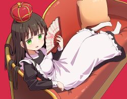 Rule 34 | 1girl, :d, alternate costume, animal print, apron, black dress, blunt bangs, breasts, brown hair, collared dress, commentary request, couch, crown, cushion, dress, folding fan, frilled apron, frills, from above, gochuumon wa usagi desu ka?, green eyes, hand fan, holding, holding fan, juliet sleeves, long hair, long sleeves, looking at viewer, lying, maid, maid apron, medium breasts, mohei, no shoes, on couch, open mouth, puffy sleeves, rabbit print, red background, sidelocks, simple background, sleeve cuffs, smile, solo, ujimatsu chiya, white apron