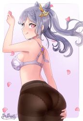 Rule 34 | 1girl, ass, black pantyhose, cone hair bun, electro (genshin impact), genshin impact, hair bun, keqing (genshin impact), looking at viewer, looking back, md5 mismatch, panties, pantyhose, piripaints, self-upload, solo, thick thighs, thighs, twintails, underwear, vision (genshin impact)