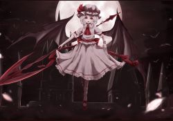 Rule 34 | 1girl, arm ribbon, ascot, bad id, bad pixiv id, bat (animal), bat wings, breasts, brooch, clock, clock tower, collared shirt, fangs, fingernails, footwear ribbon, frilled skirt, frills, full moon, hair between eyes, hat, hat ribbon, highres, holding, holding clothes, holding skirt, jewelry, large wings, letterboxed, light purple hair, looking at viewer, mary janes, midair, mob cap, moon, moose (moosu193), night, night sky, open mouth, puffy short sleeves, puffy sleeves, red eyes, red footwear, red ribbon, remilia scarlet, ribbon, sash, scarlet devil mansion, shards, sharp fingernails, shirt, shoes, short sleeves, skirt, skirt set, sky, slit pupils, smile, socks, solo, spear the gungnir, touhou, tower, vampire, white socks, wings, wrist cuffs