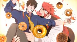 Rule 34 | 2boys, balnom, bara, carrying, carrying person, coffee cup, collared shirt, cup, disposable cup, doughnut, eye contact, facial scar, feet out of frame, food, food focus, food in mouth, glasses, highres, kekkai sensen, klaus von reinhertz, leaning forward, looking at another, male focus, mouth hold, multiple boys, muscular, muscular male, mutton chops, necktie, scar, scar on cheek, scar on face, shirt, short hair, spill, spilling, steven a. starphase, sweatdrop, tusks, yaoi, yellow necktie