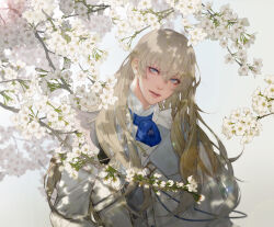 Rule 34 | 1boy, blonde hair, blue eyes, branch, dappled sunlight, fate/grand order, fate (series), flower, focal, gloves, hair between eyes, highres, kirschtaria wodime, long hair, long sleeves, looking at viewer, male focus, parted lips, shadow, side cape, sunlight, white flower, white gloves