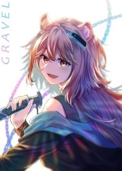 Rule 34 | 1girl, animal ear fluff, animal ears, arknights, blade, chain, close-up, english text, eyelashes, fang, fang out, gravel (arknights), hair between eyes, hair ornament, highres, holding, holding weapon, hood, hoodie, lips, long hair, looking at viewer, monicomic, open mouth, orange eyes, pink hair, portrait, simple background, skin fang, sleeveless, smile, solo, weapon, white background