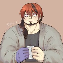 Rule 34 | 1boy, alternate hairstyle, bags under eyes, bara, blush, boogeyman (housamo), brown hair, cup, facial hair, goatee, hiramushi (yusan 137), holding, holding cup, looking at viewer, male focus, mature male, mug, multicolored hair, muscular, muscular male, mustache stubble, pectorals, red eyes, sanpaku, side ponytail, smile, solo, stubble, thick eyebrows, tokyo houkago summoners, two-tone hair, upper body