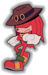 Rule 34 | 1boy, against wall, animal nose, bandana, body fur, bottomless, brown hat, brown vest, closed eyes, closed mouth, cowboy hat, crossed arms, digimin, frown, full body, furry, furry male, gloves, hat, heel up, knuckles the echidna, long hair, male focus, non-web source, official art, open clothes, open vest, outline, red footwear, red fur, red hair, ring (sonic), shoes, sidelocks, sideways mouth, simple background, solo, sonic (series), spiked gloves, standing, tail, the murder of sonic the hedgehog, transparent background, u u, vest, yellow bandana, yellow gloves