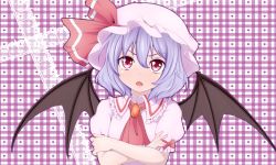 Rule 34 | 1girl, ascot, bat wings, blouse, blue hair, brooch, crossed arms, fang, hat, hat ribbon, jewelry, lace background, looking at viewer, misumo, mob cap, open mouth, plaid, plaid background, puffy short sleeves, puffy sleeves, red eyes, remilia scarlet, ribbon, shirt, short hair, short sleeves, solo, touhou, upper body, wings