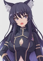 Rule 34 | 1girl, animal ear fluff, animal ears, black hair, breasts, cleavage cutout, clothing cutout, commentary request, delta (kage no jitsuryokusha ni naritakute!), highres, kage no jitsuryokusha ni naritakute!, large breasts, long hair, looking at viewer, multicolored hair, open mouth, partial commentary, purple eyes, purple hair, smile, solo, user rgya3553, wolf ears, wolf girl