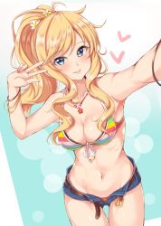 Rule 34 | bangle, bikini, blonde hair, blue eyes, blush, bracelet, breasts, cleavage, cowboy shot, curly hair, dutch angle, foreshortening, front-tie bikini top, front-tie top, gluteal fold, heart, idolmaster, idolmaster cinderella girls, jewelry, jiino, looking at viewer, medium breasts, multicolored bikini, multicolored clothes, navel, necklace, o-ring, o-ring bikini, o-ring top, ohtsuki yui, open fly, open pants, outstretched arm, pants, ponytail, short shorts, shorts, sidelocks, solo, striped bikini, striped clothes, swimsuit, thigh gap, w