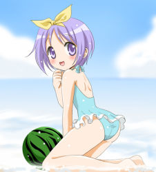 Rule 34 | 00s, :d, ass, back, beach, blush, casual one-piece swimsuit, day, food, frilled swimsuit, frills, fruit, hair ribbon, halterneck, hand to own mouth, hiiragi tsukasa, kneeling, looking back, lucky star, ocean, one-piece swimsuit, open mouth, outdoors, purple eyes, purple hair, ribbon, short hair, smile, solo, swimsuit, wading, watermelon