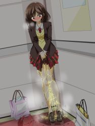 Rule 34 | 1girl, bag, between legs, blush, breasts, breath, brown eyes, brown footwear, brown hair, brown jacket, character request, closed mouth, dutch angle, female focus, full body, hand between legs, have to pee, highres, indoors, jacket, long sleeves, looking down, matching hair/eyes, medium breasts, miniskirt, necktie, nose blush, own hands together, peeing, peeing self, plaid, plaid skirt, pleated skirt, puddle, red necktie, red skirt, school uniform, shirt, shoes, short hair, skirt, solo, standing, steam, sweat, sweater, tyao2019, wet, wet clothes, white shirt, yellow sweater