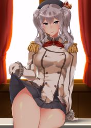 Rule 34 | 10s, 1girl, backlighting, beret, blurry, clothes lift, commentary request, curly hair, curtains, depth of field, epaulettes, gloves, grey eyes, hat, highres, kantai collection, kashima (kancolle), long hair, looking at viewer, saruchitan, shade, silver hair, sitting, skirt, skirt lift, smile, solo, table, thick thighs, thighs, twintails, white gloves, window