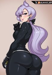 1girl anabel_(pokemon) artist_name ass black_gloves black_jacket black_pants blannis blazer breasts brown_background closed_mouth cowboy_shot creatures_(company) eyebrows eyelashes eyeshadow female_focus from_behind from_side game_freak gloves hand_up huge_ass jacket lips long_hair long_sleeves looking_at_viewer looking_back low_ponytail makeup matching_hair/eyes medium_breasts nintendo office_lady pants pink_eyeshadow poke_ball pokemon pokemon_sm ponytail purple_eyes purple_hair shirt simple_background solo standing ultra_ball white_shirt