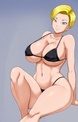 Rule 34 | 1girl, absurdres, alternate hairstyle, android 18, bikini, black bikini, blonde hair, blue eyes, breasts, curvy, dragon ball, dragon ball super, dragonball z, highres, huge breasts, mature female, pinkpawg, solo, swimsuit, thick thighs, thighs