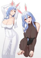 Rule 34 | 1girl, absurdres, animal ear fluff, animal ears, armpits, arms up, bare shoulders, black leotard, blue hair, blush, bodysuit, braid, braided ponytail, breasts, brown bodysuit, cleavage, clothing cutout, collarbone, covered collarbone, covered navel, cropped jacket, double-parted bangs, dress, feet out of frame, full body, grey background, hair between eyes, hair over shoulder, heart, highres, hololive, impossible clothes, impossible dress, jacket, jewelry, kuon bb, large breasts, leaning forward, leotard, long hair, long sleeves, looking at viewer, mature female, multicolored hair, multiple views, nail polish, no shoes, one eye closed, open clothes, open jacket, open mouth, orange nails, parted lips, pekomama, rabbit ears, rabbit girl, red eyes, ring, see-through, see-through bodysuit, see-through dress, seiza, shoulder cutout, sitting, strapless, strapless leotard, streaked hair, symbol-shaped pupils, thick eyebrows, undersized breast cup, virtual youtuber, wedding ring, white dress, white hair, white jacket