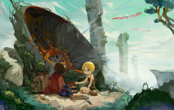 Rule 34 | 1boy, 1girl, absurdres, backpack, bag, bare shoulders, between legs, bird, black headwear, black shorts, black tank top, blonde hair, blue sky, brown gloves, brown hair, bush, campfire, cape, chinese commentary, cliff, cloud, commentary request, cooking, cooking pot, creature, cutting board, facing away, flying, from side, fur-trimmed gloves, fur trim, glasses, gloves, grass, green eyes, hand between legs, helmet, highres, holding, holding stick, knife, long hair, low ponytail, made in abyss, mechanical arms, on ground, outdoors, parted bangs, plant, pointy ears, red cape, regu (made in abyss), riko (made in abyss), rock, scenery, seiza, semi-rimless eyewear, short hair, shorts, sitting, sky, smile, sterlank, stick, stirring, tank top, tree, under-rim eyewear, unworn backpack, unworn bag, unworn gloves, unworn headwear, unworn helmet, wide shot
