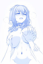 Rule 34 | 1girl, animal ears, blue theme, blush, breasts, breath, collar, cowgirl position, dog ears, dog girl, grabbing, grabbing another&#039;s breast, groping, hair between eyes, highres, implied sex, isekai meikyuu de harem wo, large breasts, looking at viewer, monochrome, navel, nude, open mouth, pov, pov hands, roxanne (isekai meikyuu de harem wo), straddling, sweat, viperxtr
