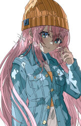 Rule 34 | 1girl, absurdres, beanie, black jacket, blue eyes, blush, bocchi the rock!, breast pocket, closed mouth, collared jacket, embarrassed, furrowed brow, gotoh hitori, hair between eyes, hand in own hair, hand up, hat, highres, jacket, long hair, looking at viewer, natsugu72, orange hat, partially unbuttoned, pink hair, playing with own hair, pocket, shirt, smile, solo, sparkle, twirling hair, upper body, wavy mouth, white background, white shirt