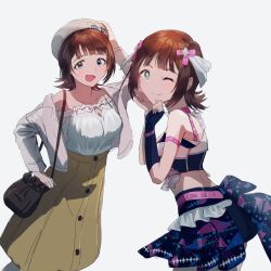Rule 34 | 2girls, amami haruka, arm up, asymmetrical gloves, bag, bare shoulders, belt, blue gloves, blue shirt, blue skirt, blush, bow, breasts, brown hair, choker, cleavage, closed mouth, collarbone, crop top, cropped shirt, dot nose, dual persona, elbow gloves, fingerless gloves, frilled skirt, frills, gloves, green eyes, grey background, hair bow, hair ribbon, hands up, hat, highres, holding strap, idolmaster, idolmaster (classic), idolmaster million live!, idolmaster million live! theater days, jacket, long sleeves, looking at viewer, looking back, medium breasts, mismatched gloves, multiple girls, one eye closed, open clothes, open jacket, open mouth, pink belt, pink bracelet, pink choker, pink ribbon, pink wristband, ribbon, shioma, shirt, short hair, shoulder bag, simple background, single elbow glove, skirt, smile, white headwear, white jacket, white shirt, yellow skirt