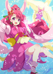 Rule 34 | 1girl, :d, animal ears, blue background, commentary request, cure grace, cure grace (partner form), floating hair, glowing, hair ornament, hanadera nodoka, hand up, healin&#039; good precure, heart, high ponytail, highres, jacket, japanese clothes, kimono, long hair, long sleeves, looking at viewer, magical girl, open mouth, outstretched arm, pink kimono, ponytail, precure, purple eyes, purple jacket, rabbit ears, rabirin (precure), red footwear, red hair, sandals, smile, socks, tsuyukina fuzuki, very long hair, white legwear, wide sleeves, zouri