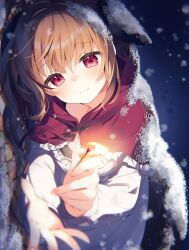 Rule 34 | 1girl, blush, brown hair, closed mouth, commentary request, fire, frills, hair between eyes, highres, holding, hood, little match girl, long hair, long sleeves, looking ahead, lying, matches, on side, original, red eyes, shirt, smile, snow, snow on head, snowing, solo, suimya, white shirt