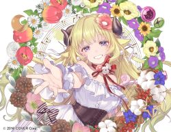 Rule 34 | 1girl, ahoge, album cover, animal ears, bare shoulders, black corset, blonde hair, blue eyes, blush, cherico, company name, copyright notice, corset, cover, dress, flower, food, fruit, grapes, hair ornament, harp, highres, hololive, horns, instrument, long hair, looking at viewer, musical note, neck ribbon, purple flower, reaching, reaching towards viewer, red flower, ribbon, sheep ears, sheep girl, sheep horns, smile, solo, staff (music), strawberry, tsunomaki watame, very long hair, virtual youtuber, wrist cuffs, yellow flower