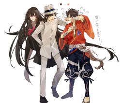 Rule 34 | 10s, 1girl, 2boys, ^ ^, black hair, brown hair, closed eyes, crossover, closed eyes, fate/grand order, fate (series), floating, gloves, hat, highres, japanese clothes, koha-ace, long hair, multiple boys, mutsu-no-kami yoshiyuki, neckerchief, open mouth, oryou (fate), red eyes, sakamoto ryouma (fate), sandals, smile, tears, touken ranbu, translation request, tsugutoku, very long hair, white gloves, wiping tears