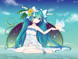 Rule 34 | 1girl, bad id, bad pixiv id, bottomless, bow, colorized, ef (galboumai), flower, green eyes, green hair, hair bow, hair flower, hair ornament, hatsune miku, lily of the valley, long hair, matching hair/eyes, mikoko (mg2), reflection, sitting, solo, very long hair, vocaloid, wariza