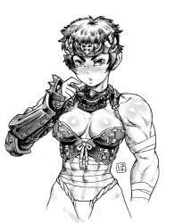Rule 34 | 1girl, abs, armor, bandages, bracer, breasts, cleavage, fundoshi, gauntlets, greyscale, headpiece, japanese armor, japanese clothes, lips, looking at viewer, menpoo, monochrome, muscular, muscular female, original, parted lips, po-ju, pointy ears, short hair, signature, solo, toned, white background