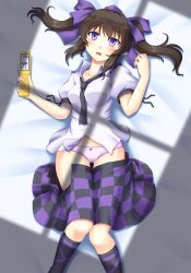 Rule 34 | 1girl, black hair, blush, bow, bow panties, breasts, cellphone, checkered clothes, checkered skirt, clothes pull, dakimakura (medium), hair bow, hat, highres, himekaidou hatate, isaki (gomi), looking at viewer, lying, necktie, on back, open clothes, open mouth, open skirt, panties, phone, pink panties, puffy short sleeves, puffy sleeves, purple eyes, recursion, revision, shirt, short sleeves, skirt, skirt pull, solo, tokin hat, touhou, twintails, underwear
