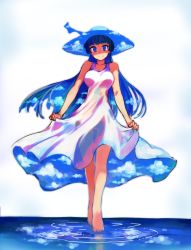 Rule 34 | 1girl, barefoot, blue eyes, blue hair, blush, breasts, cloud, dress, gradient background, hat, highres, kusanagi tonbo, long hair, looking at viewer, matching hair/eyes, original, ripples, see-through, skirt hold, sky, sky print, smile, solo, standing, standing on liquid, sun hat, sundress, very long hair, water, white dress
