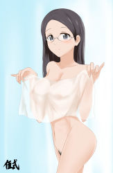 Rule 34 | 10s, 1girl, black hair, blue eyes, blush, breasts, collarbone, female pubic hair, glasses, goshiki (cham darc), groin, highres, large breasts, navel, nipples, nude, pubic hair, saitou kaede (yama no susume), see-through, simple background, smile, solo, yama no susume