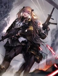 Rule 34 | 2girls, 404 logo (girls&#039; frontline), absurdres, ankle boots, armband, back-to-back, black gloves, black jacket, black pantyhose, blush, boots, bow, brown eyes, brown hair, cityscape, closed mouth, cloud, cloudy sky, fingerless gloves, fire, floating hair, from below, girls&#039; frontline, gloves, gun, h&amp;k ump, h&amp;k ump, h&amp;k ump, hair between eyes, hair bow, hair ornament, hair ribbon, hairclip, heckler &amp; koch, highres, holding, holding gun, holding weapon, hood, hooded jacket, jacket, knee pads, lamppost, light particles, long hair, looking at viewer, magazine (weapon), multiple girls, one side up, open mouth, pantyhose, pleated skirt, pouch, rad, ribbon, ruins, scar, scar across eye, scar on face, scarf, scenery, shirt, siblings, sidelocks, sign, sisters, skirt, sky, smile, submachine gun, suppressor, thigh strap, trigger discipline, twins, twintails, ump45 (girls&#039; frontline), ump9 (girls&#039; frontline), walkie-talkie, weapon, white shirt, yellow eyes
