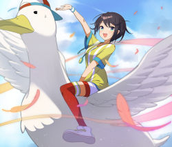 Rule 34 | 1girl, absurdres, aqua eyes, arm up, backwards hat, baseball cap, bird, breasts, brown hair, duck, flying, from side, hat, highres, hololive, looking at viewer, loose clothes, loose shirt, medium breasts, oozora subaru, oozora subaru (1st costume), oversized clothes, oversized shirt, shirt, shoes, short hair, short sleeves, shorts, sky, sneakers, stopwatch, striped clothes, striped shirt, subaru duck, sweatband, swept bangs, t-shirt, thighhighs, tokisaka makoto, two-tone headwear, v-neck, vertical-striped clothes, vertical-striped shirt, virtual youtuber, watch, whistle, whistle around neck, white footwear, white shorts, wide sleeves, wristband