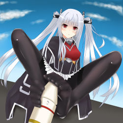 Rule 34 | 1girl, black cape, black pantyhose, breasts, cape, essex (warship girls r), highres, implied footjob, large breasts, misaka 10086, pantyhose, red eyes, silver hair, sitting, skirt, solo, toes, twintails, warship girls r, white skirt