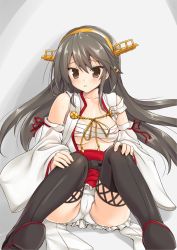Rule 34 | 10s, 1girl, asaga aoi, bare shoulders, black hair, blush, boots, breasts, brown eyes, detached sleeves, hairband, haruna (kancolle), kantai collection, long hair, nipple slip, nipples, nontraditional miko, open mouth, panties, sarashi, sitting, skirt, solo, tears, thigh boots, thighhighs, tsurime, underwear, white panties, wide sleeves