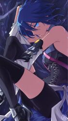 Rule 34 | 1girl, absurdres, akaneilus, aqua (kingdom hearts), arm up, bare shoulders, black shorts, black thighhighs, blue eyes, blue hair, breasts, covered navel, dark blue hair, detached sleeves, fetal position, from side, glowing, glowing eyes, hair between eyes, highres, kingdom hearts, kingdom hearts birth by sleep, knees up, looking at viewer, medium breasts, profile, shiny skin, short hair, shorts, sleeveless, sleeveless turtleneck, solo, thighhighs, tight clothes, turtleneck