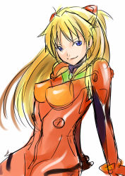 Rule 34 | blonde hair, blue eyes, cowboy shot, from side, invisible chair, long hair, neon genesis evangelion, parted bangs, plugsuit, simple background, sitting, sketch, solo, souryuu asuka langley, tonbo, two side up, white background