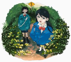 Rule 34 | 2girls, all nobori, backpack, bag, black hair, black socks, blue eyes, blue jacket, blue skirt, bow, bowtie, brown eyes, bush, collared shirt, fisheye, highres, jacket, loafers, long hair, long sleeves, looking at viewer, multiple girls, open mouth, original, outdoors, parted lips, red bow, red bowtie, road sign, shirt, shoes, short hair, sign, skirt, socks, standing, teeth, white shirt, white socks