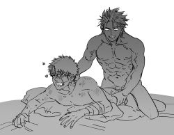 Rule 34 | 2boys, abs, anal, ass, bandages, bed, bruise, drooling, evil grin, evil smile, grin, injury, male focus, male penetrated, multiple boys, muscular, nude, pillow, smile, smirk, wince, yaoi