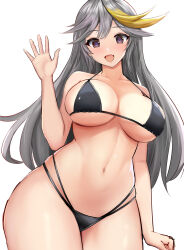 Rule 34 | 1girl, arm at side, bare shoulders, bikini, black bikini, blonde hair, breasts, brown eyes, cleavage, collarbone, contrapposto, cowboy shot, empress (last origin), from below, grey hair, highleg, highleg bikini, highres, large breasts, last origin, linea alba, long hair, looking at viewer, micro bikini, multi-strapped bikini, navel, open mouth, purple pupils, sayashi (type5 labyrith), simple background, smile, solo, swimsuit, underboob, waving, white background, wide hips