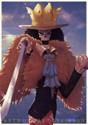 Rule 34 | 1boy, absurdres, afro, artist name, ascot, black hair, blue ascot, brook (one piece), commentary, crown hat, deyvidson, english commentary, english text, eyewear on head, heart, heart-shaped eyewear, highres, holding, holding sword, holding weapon, looking at viewer, male focus, one piece, open mouth, pink-tinted eyewear, pointing weapon, skeleton, solo, standing, sunglasses, sword, tinted eyewear, weapon, yellow-framed eyewear