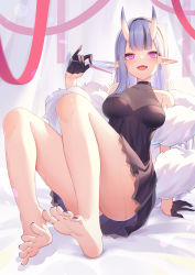 Rule 34 | 1girl, absurdres, alcohol, bare legs, bare shoulders, barefoot, black dress, black gloves, black skirt, breasts, cleavage, cup, dress, drinking glass, feet, gloves, highres, hitokuchii, horns, long hair, multicolored hair, nail polish, nijisanji, oni, pointy ears, purple eyes, rindou mikoto, see-through, see-through cleavage, short eyebrows, silver hair, skin-covered horns, skirt, soles, solo, streaked hair, thick eyebrows, thighs, toes, virtual youtuber, wine, wine glass