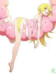 Rule 34 | 1girl, absurdres, ass, bakemonogatari, barefoot, blonde hair, blush, commentary request, doughnut, dress, eating, fang, food, from side, full body, hanging, highres, long hair, looking at viewer, lying, makicha (sasurainopink), monogatari (series), no bra, no panties, on stomach, open mouth, oshino shinobu, oversized food, oversized object, pink dress, soles, solo, strap slip, white background, yellow eyes