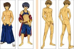 Rule 34 | 3boys, abs, ass, barefoot, character request, code geass, crossover, gouryu, kururugi suzaku, li xiaolang, male focus, multiple boys, muscular, nude, pectorals, pectorals, penis, sandals, standing, tan, tanline, topless male, tsubasa chronicle, uncensored, undressing