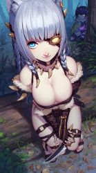 Rule 34 | 2girls, animal ears, bare shoulders, blue eyes, braid, breasts, brown gloves, cleavage, eyepatch, fingerless gloves, garter straps, gloves, glowing, glowing eyes, highres, holding, holding weapon, jewelry, kha&#039;zix, large breasts, league of legends, log, long hair, looking at viewer, multiple girls, necklace, personification, rekaerb maerd, rengar, sandals, sitting, smile, thigh strap, thighhighs, weapon, yellow eyes
