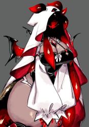 Rule 34 | black sclera, breasts, chest jewel, claws, cleavage, colored sclera, creepy, dark-skinned female, dark skin, demon girl, demon horns, demon wings, eldritch abomination, horns, large breasts, nun, obscured face, original, red eyes, red hair, sidelocks, smile, tentacle hair, thick thighs, thighhighs, thighs, usa37107692, veil, wide hips, wings