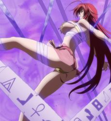 Rule 34 | 10s, 1girl, ass, bandages, blush, bra, breasts, demon girl, closed eyes, harem outfit, high school dxd, highres, large breasts, long hair, panties, red hair, rias gremory, screencap, solo, thong, underwear